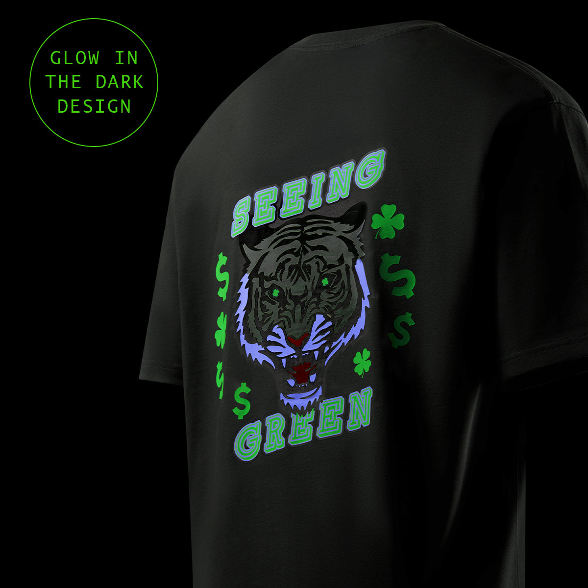 Black t-shirt with a tiger graphic and 'Seeing Green' text on a dark background