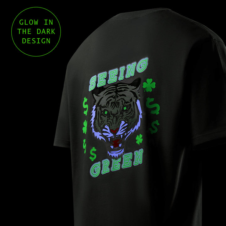 Black t-shirt with a tiger graphic and 'Seeing Green' text on a dark background