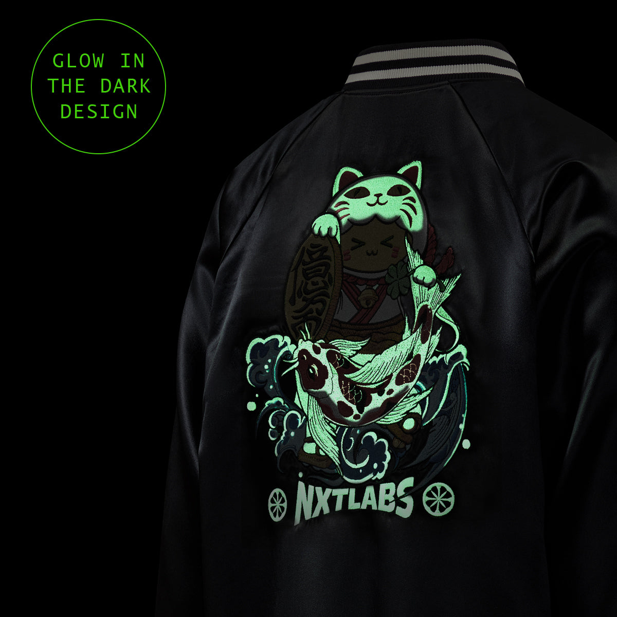 Black jacket with a glowing green design of a cat and fish, labeled 'Nxtlabs', on a dark background.