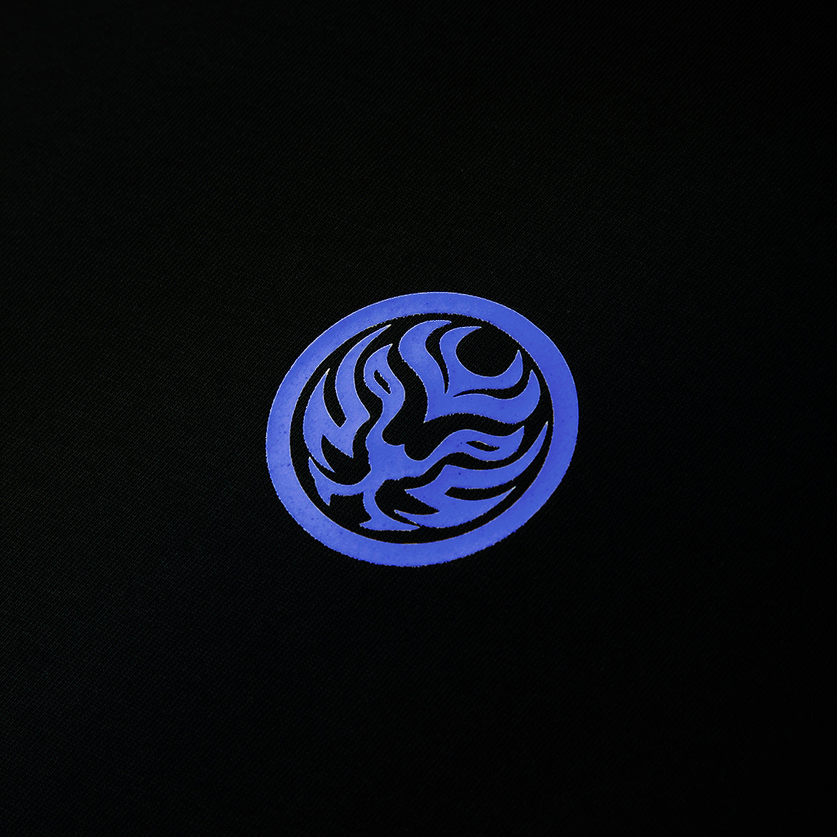 Blue circular logo with a stylized design on a black background