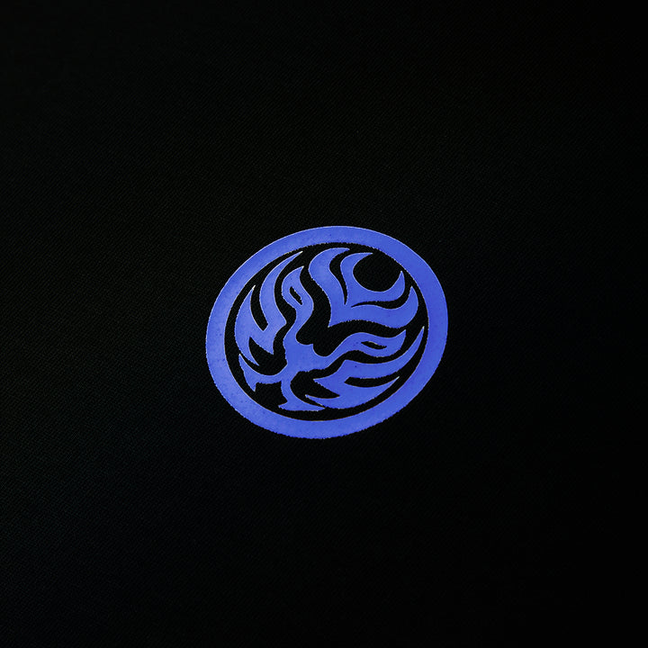 Blue circular logo with a stylized design on a black background