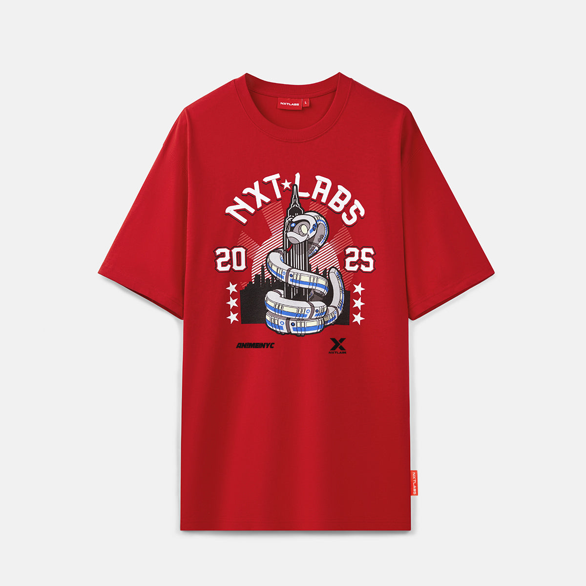 Red t-shirt with graphic design and 'NXT LABS' text on a white background