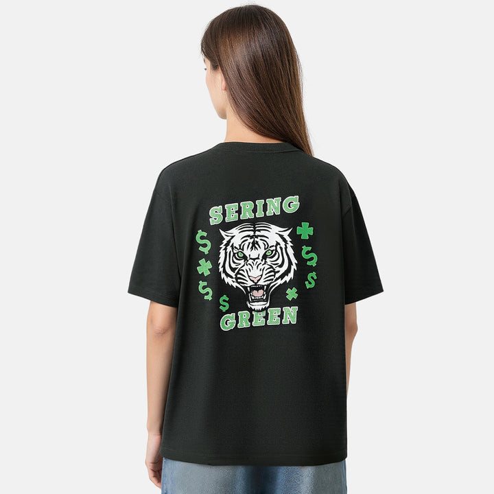 Person wearing a black t-shirt with a tiger graphic and text on the back