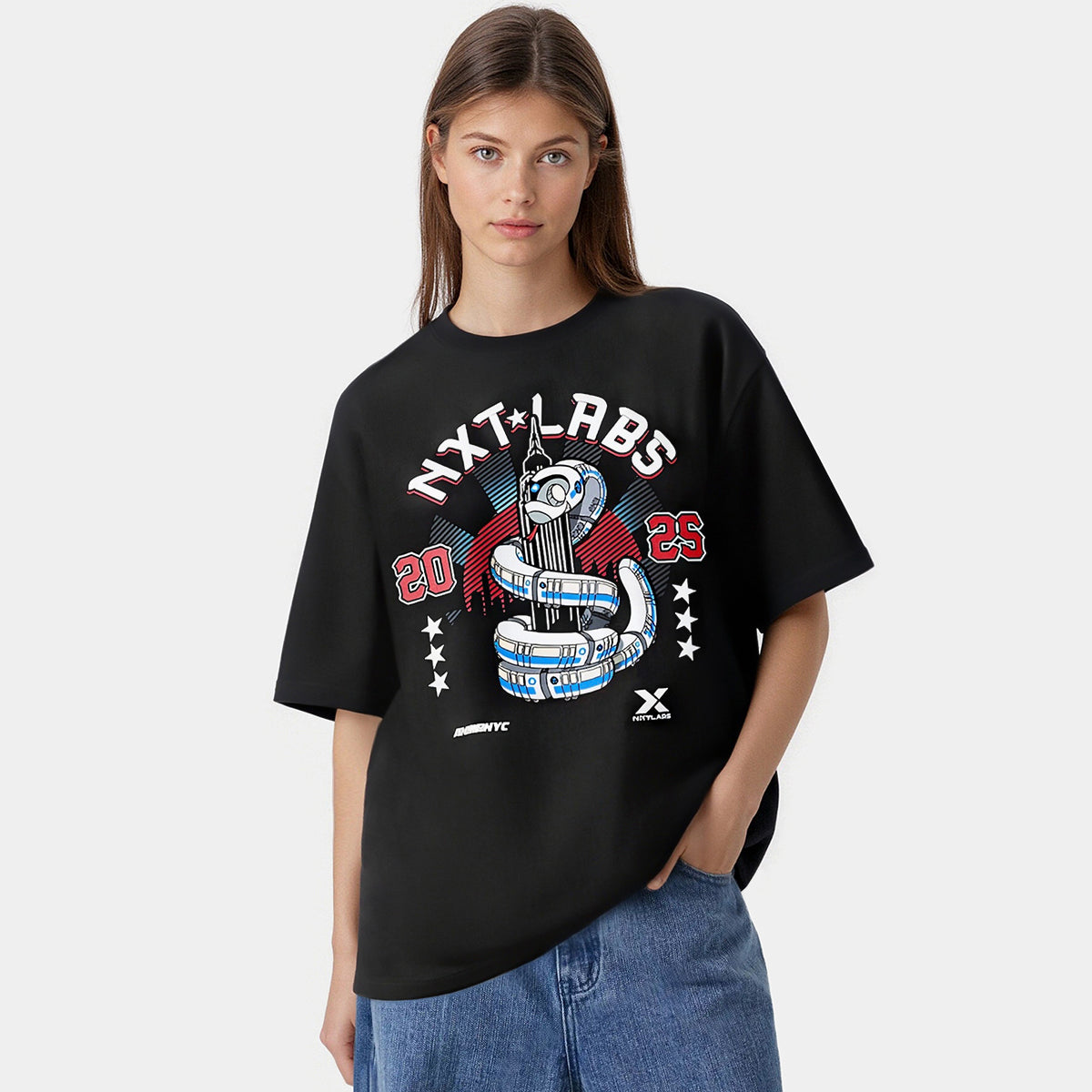 Person wearing a black t-shirt with a graphic design on a plain background