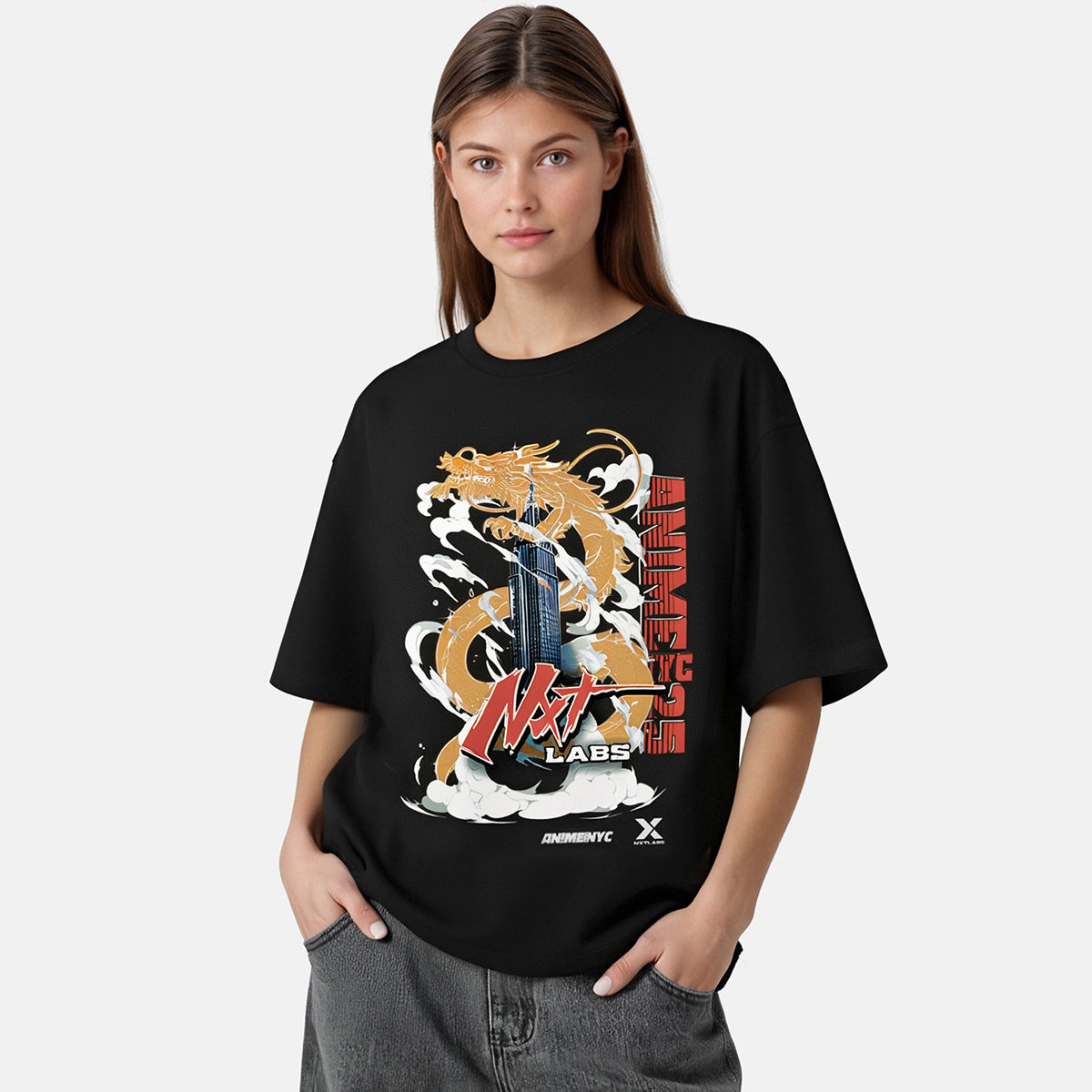 Person wearing a black t-shirt with a dragon graphic and text on a white background