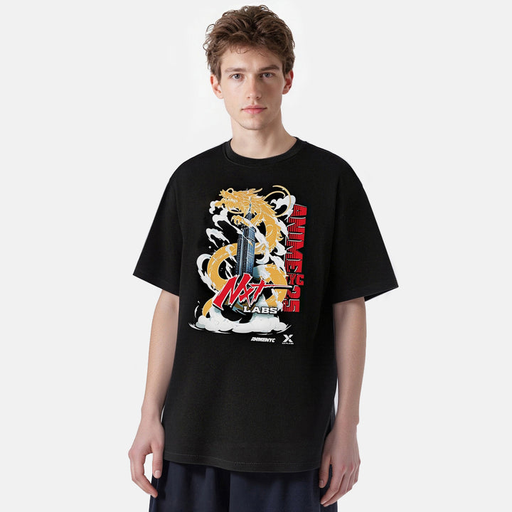 Person wearing a black t-shirt with a colorful graphic design on a white background