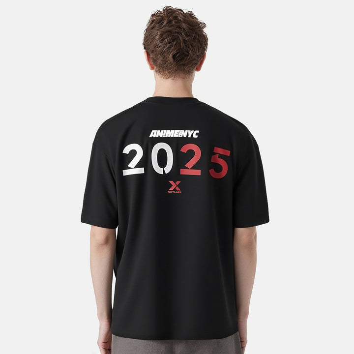 Person wearing a black t-shirt with 'ANIME NYC 2025' text on the back against a white background