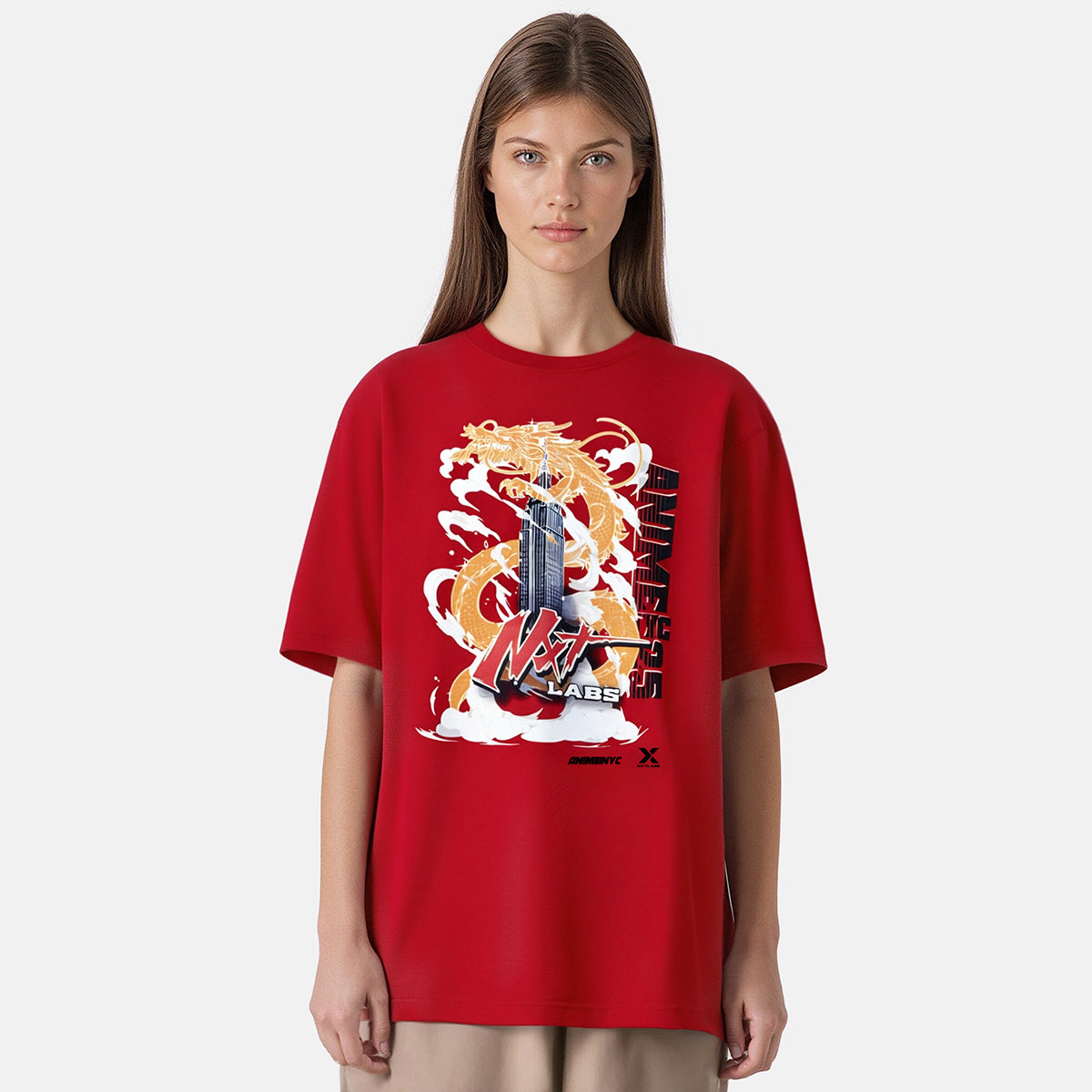 Person wearing a red t-shirt with a graphic design on a white background