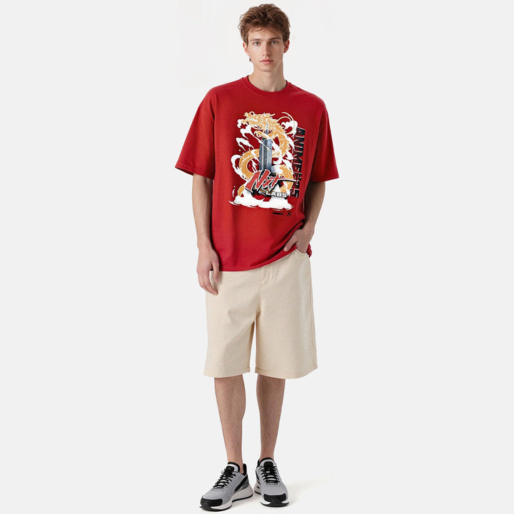 Person wearing a red t-shirt with a graphic design on a white background