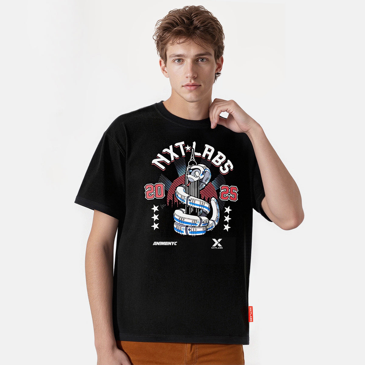 Person wearing a black t-shirt with a graphic design on a white background