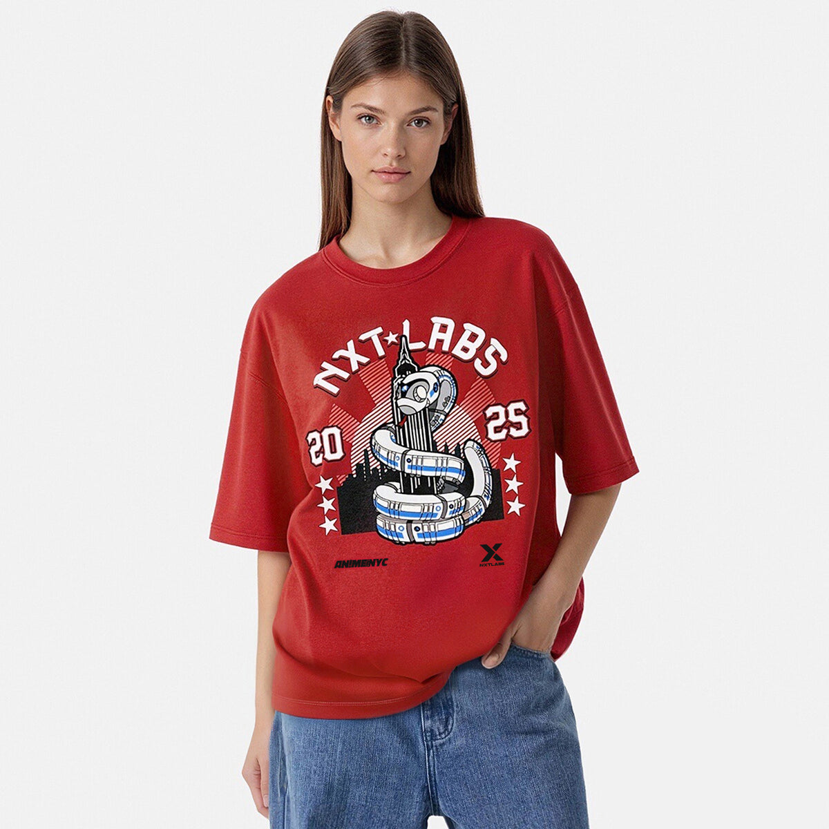 Person wearing a red t-shirt with graphic design and text on a white background