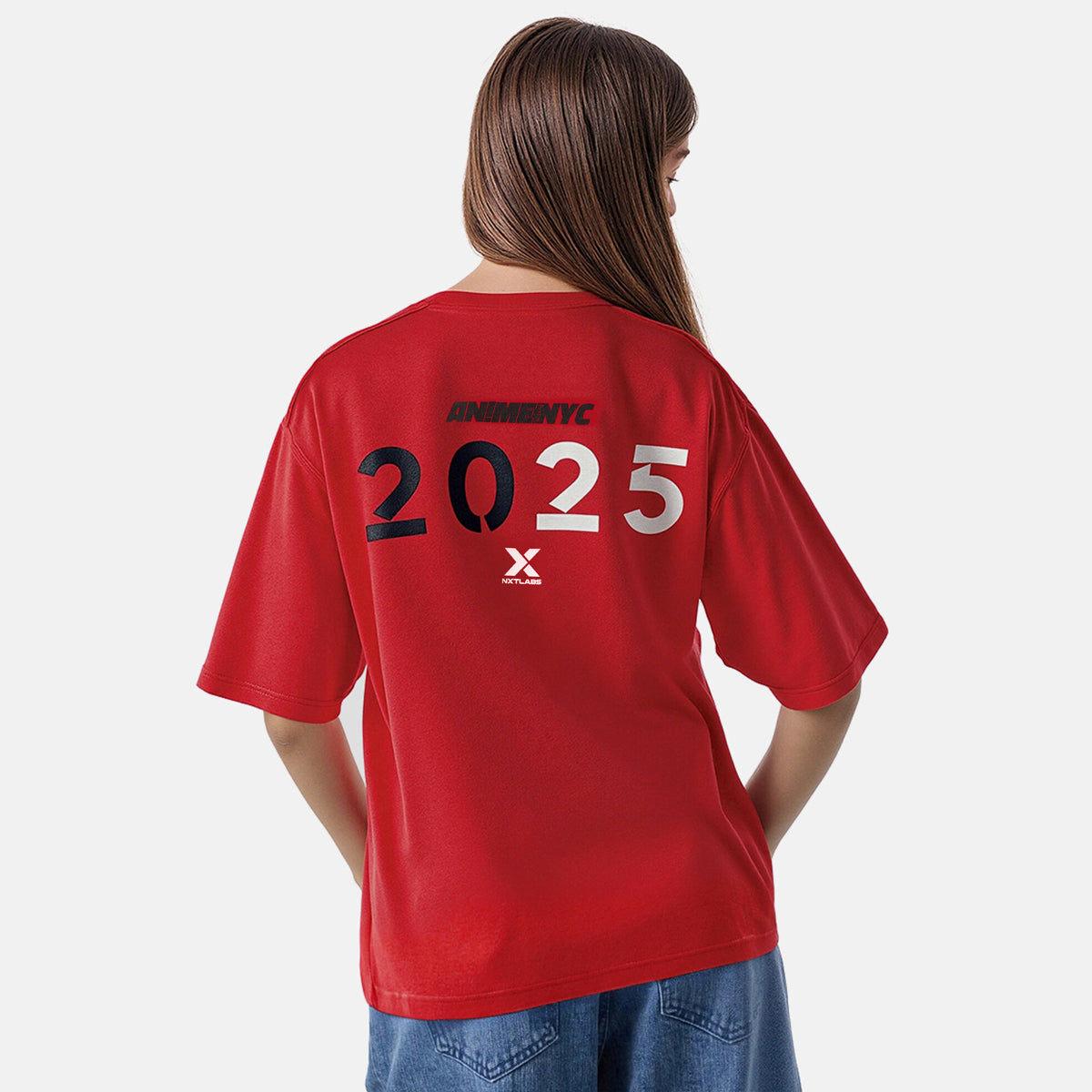 Person wearing a red t-shirt with '2025' printed on the back, on a white background