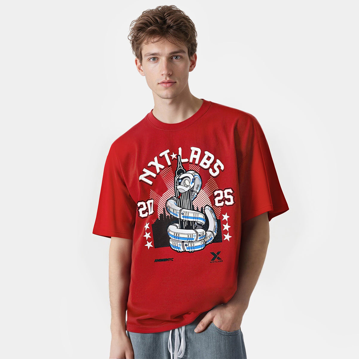 Person wearing a red t-shirt with graphic design and text on a white background