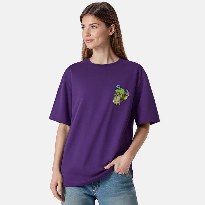 Woman wearing a purple t-shirt with a small graphic on a white background