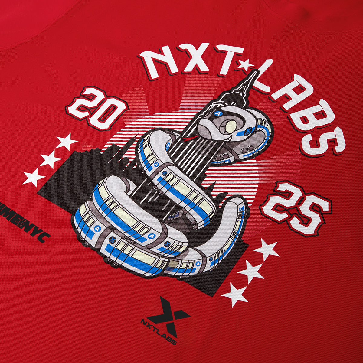 Red t-shirt with a graphic design featuring 'NXT LABS' and numbers on a red background.