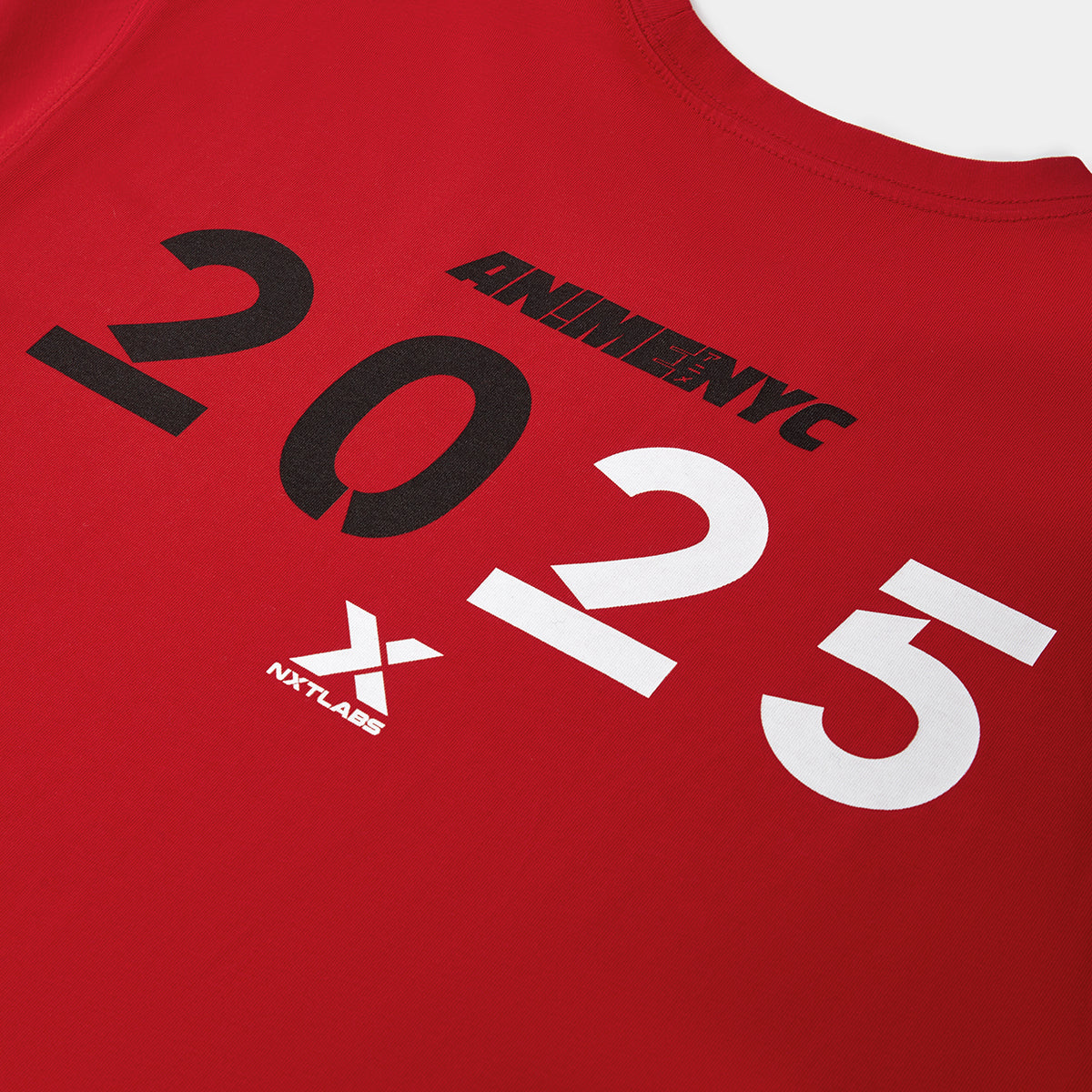 Red t-shirt with black and white text on a red background