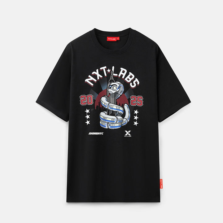 Black t-shirt with graphic design and 'NXT LABS' branding on a light gray background