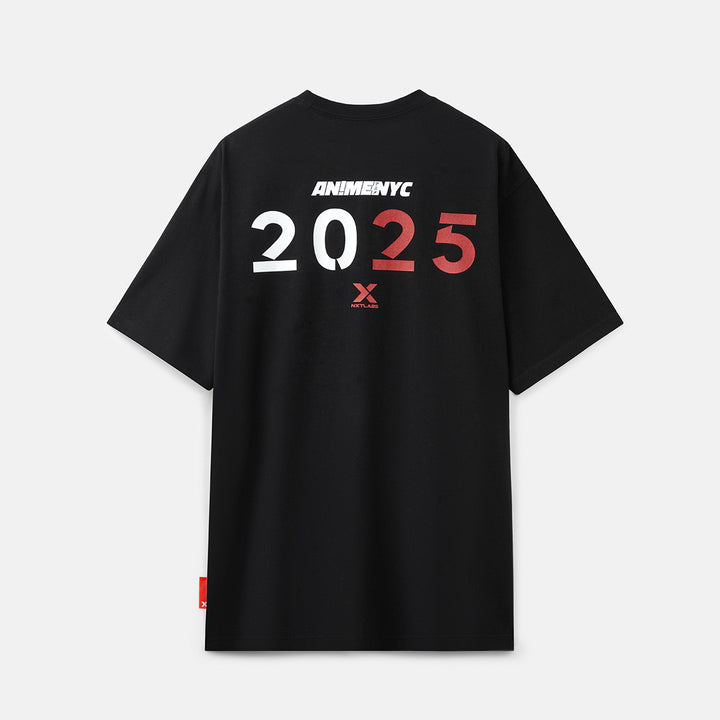 Black t-shirt with 'ANIMENYC 2025' text on a white background