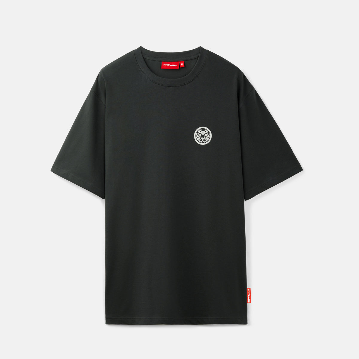 Black t-shirt with a small logo on a light gray background