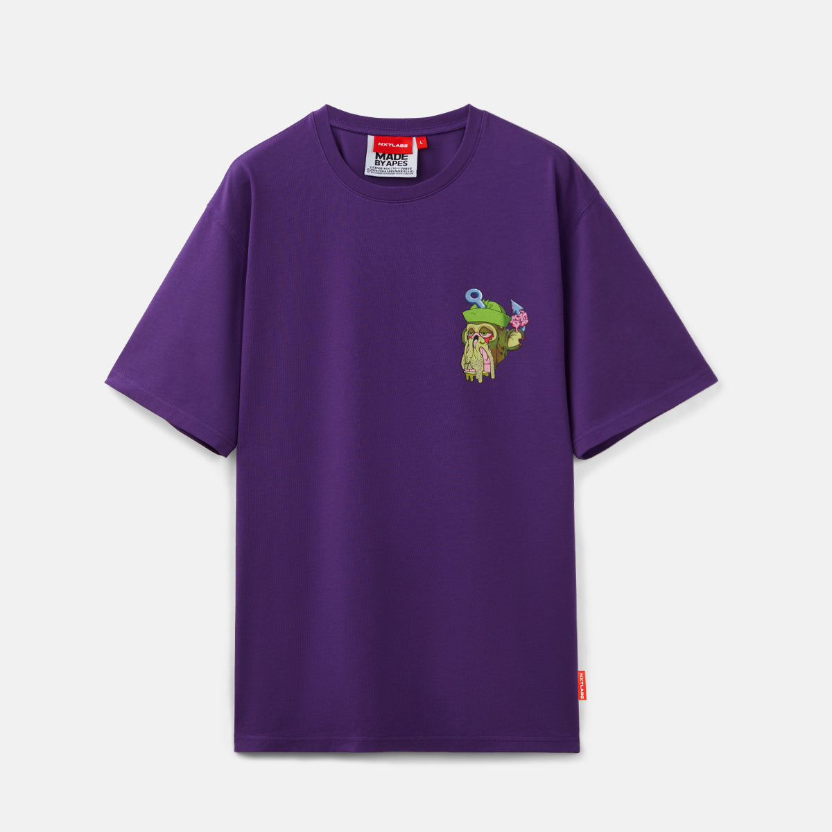 Purple t-shirt with a small embroidered design on a light gray background