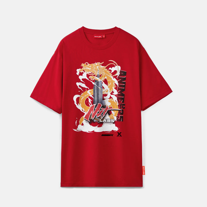Red t-shirt with dragon graphic and text on a light gray background