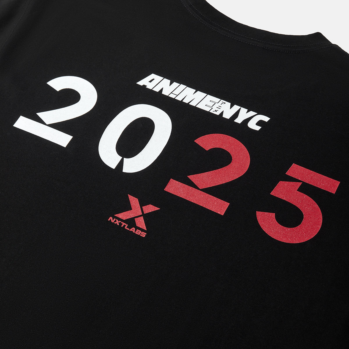 Black t-shirt with 'Anime NYC 2025' text in white and red on a plain background