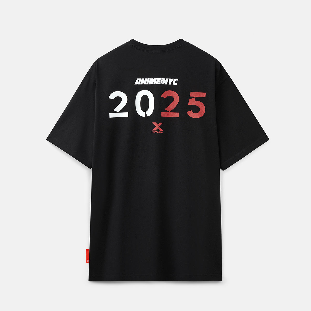 Black t-shirt with 'ANIMENYC 2025' text on a white background