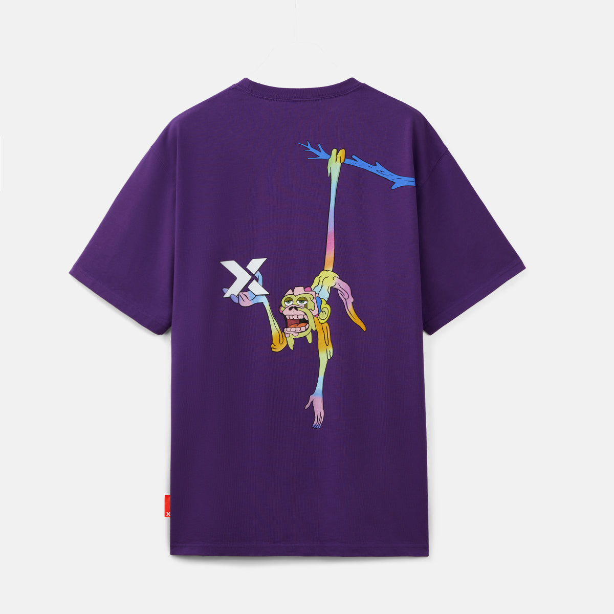 Purple t-shirt with colorful monkey graphic on the back against a white background