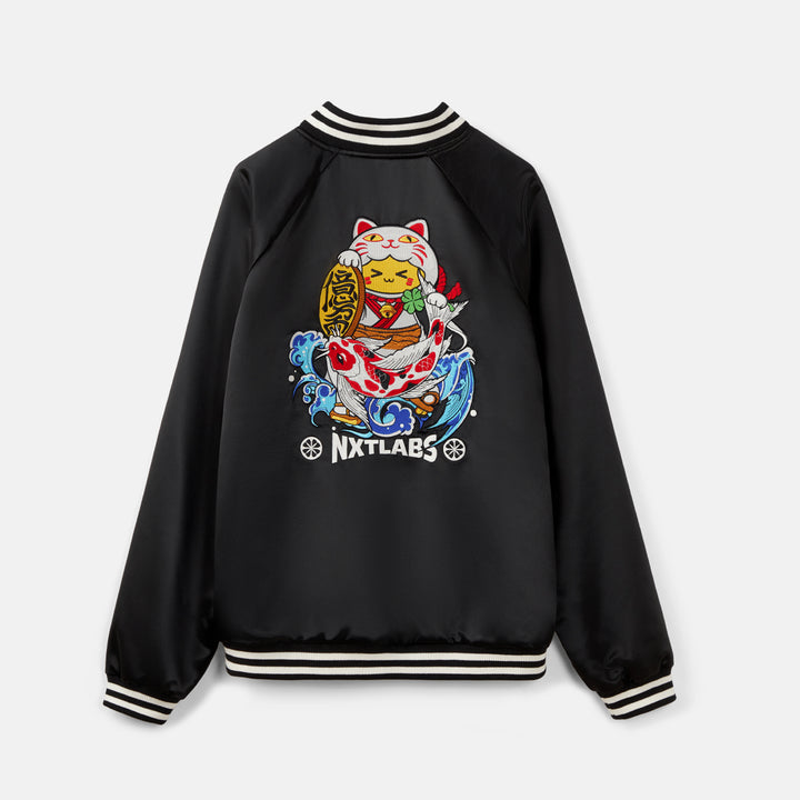 Black jacket with colorful graphic design and 'NXTLABS' branding on a white background