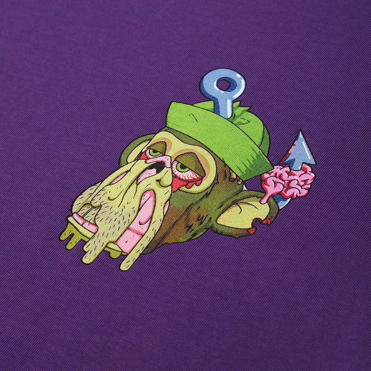 Cartoonish green creature with a key and brain on a purple background