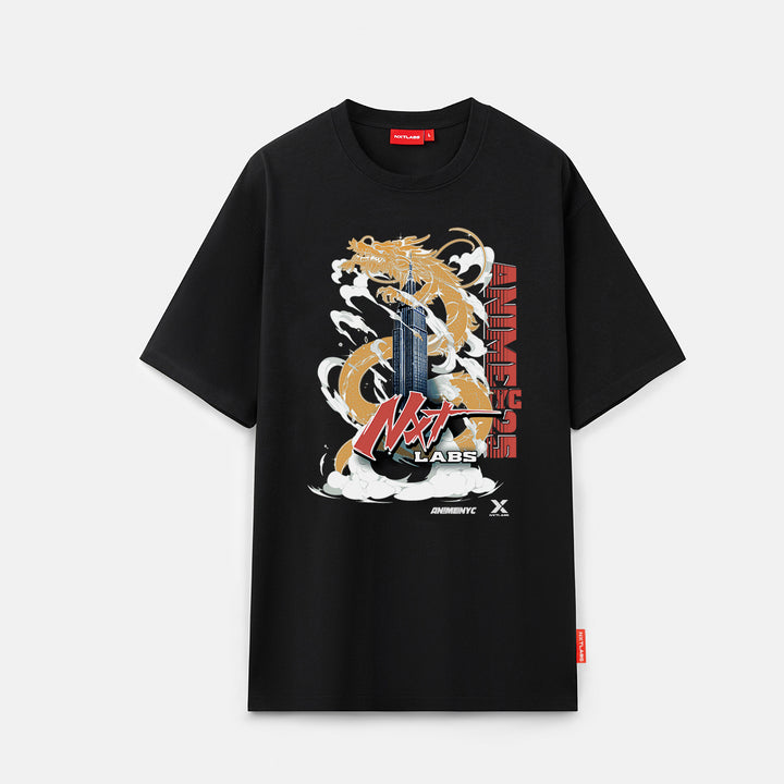 Black t-shirt with a dragon graphic and text on a white background