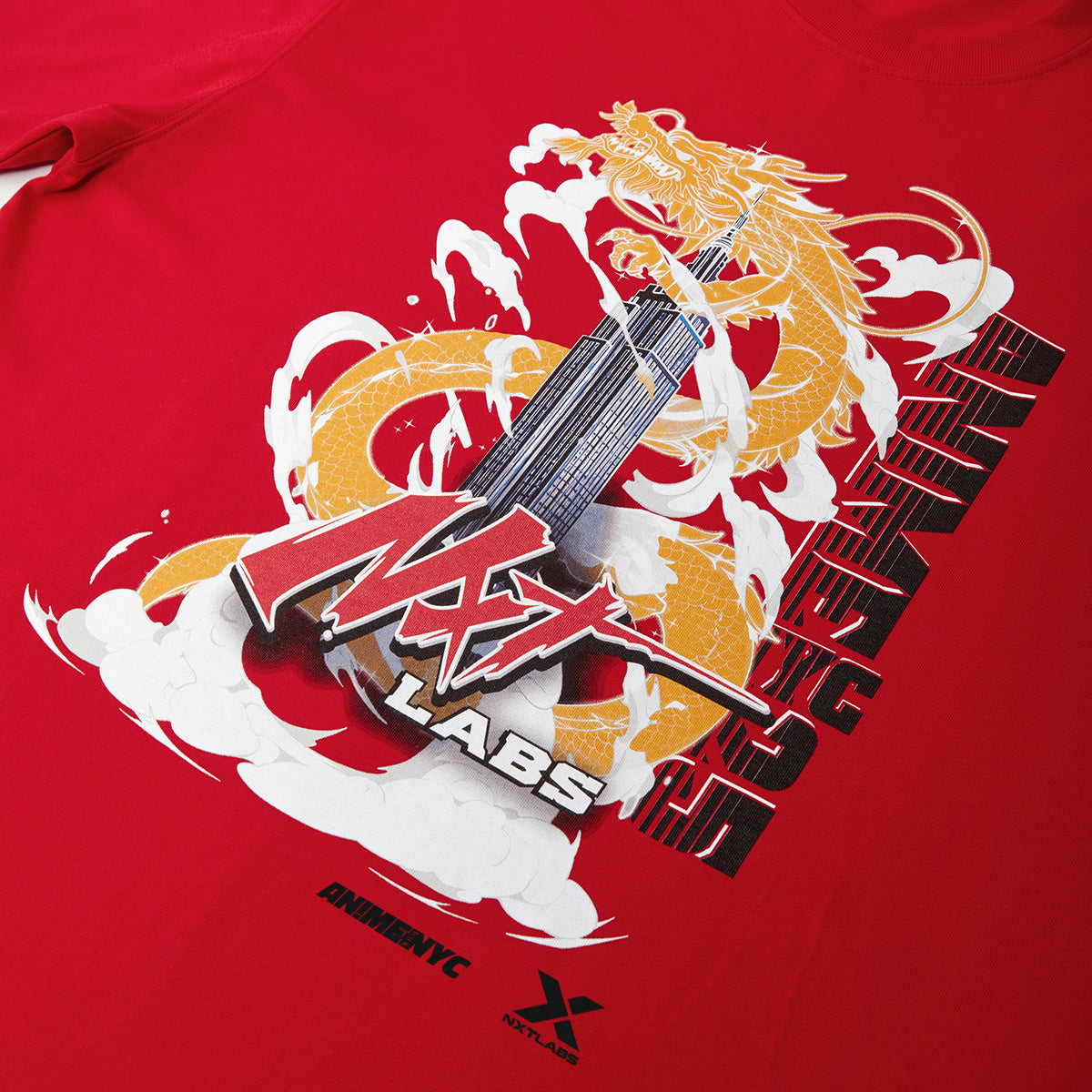 Red t-shirt with a graphic design of a dragon, gun, and 'NXTLABS' text on a red background.