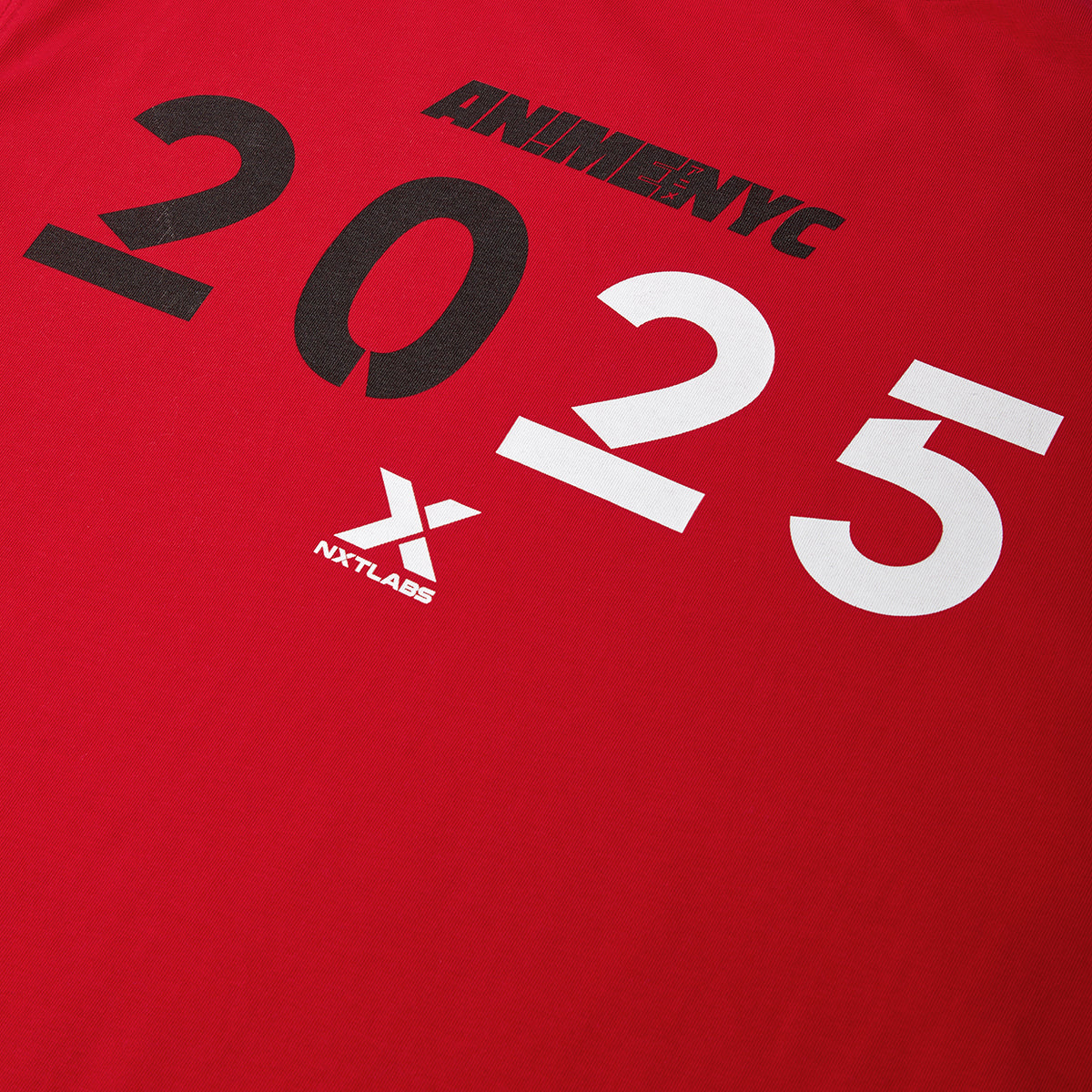 Red shirt with 'ANIMENYC 2025' text and logos on a red background
