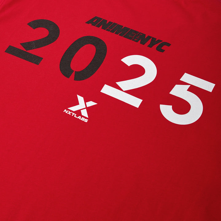 Red shirt with 'ANIMENYC 2025' text and logos on a red background