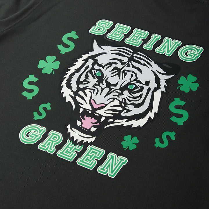 Black t-shirt with a white tiger graphic and green text on a black background