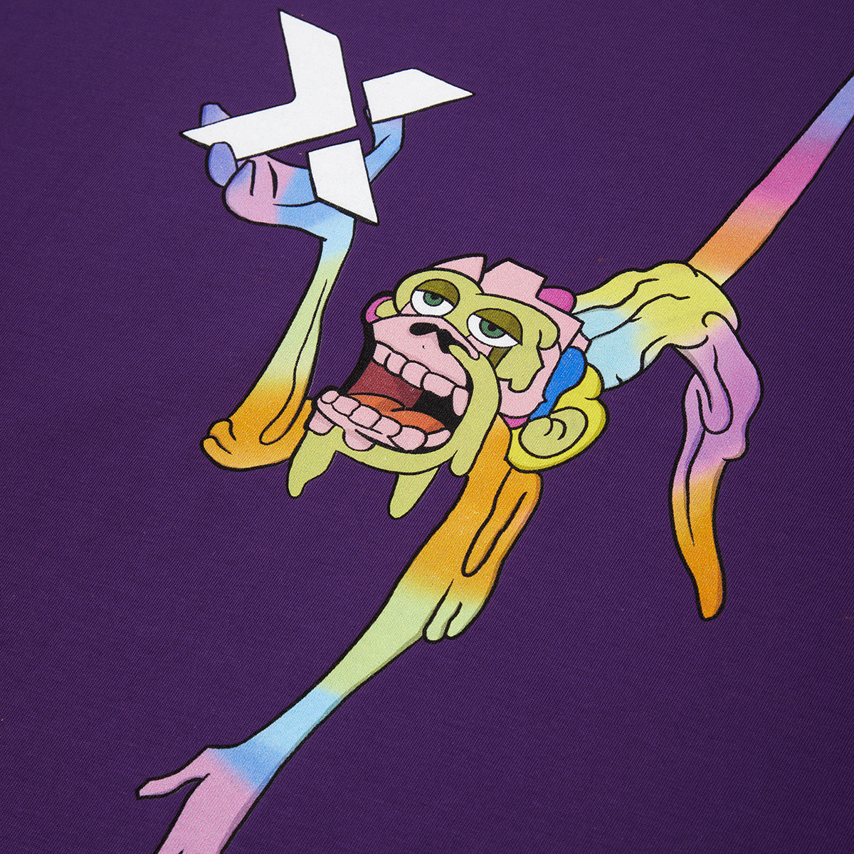 Colorful cartoon monkey holding a paper airplane on a purple background