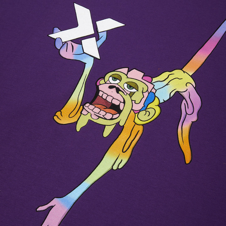 Colorful cartoon monkey holding a paper airplane on a purple background