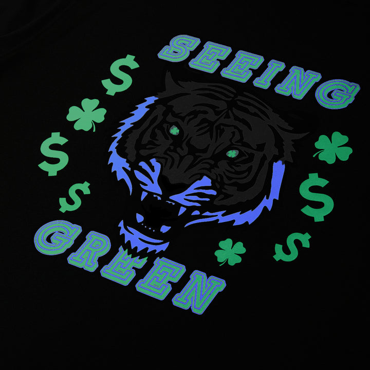 Black panther graphic with 'Seeing Green' text and dollar signs on a black background