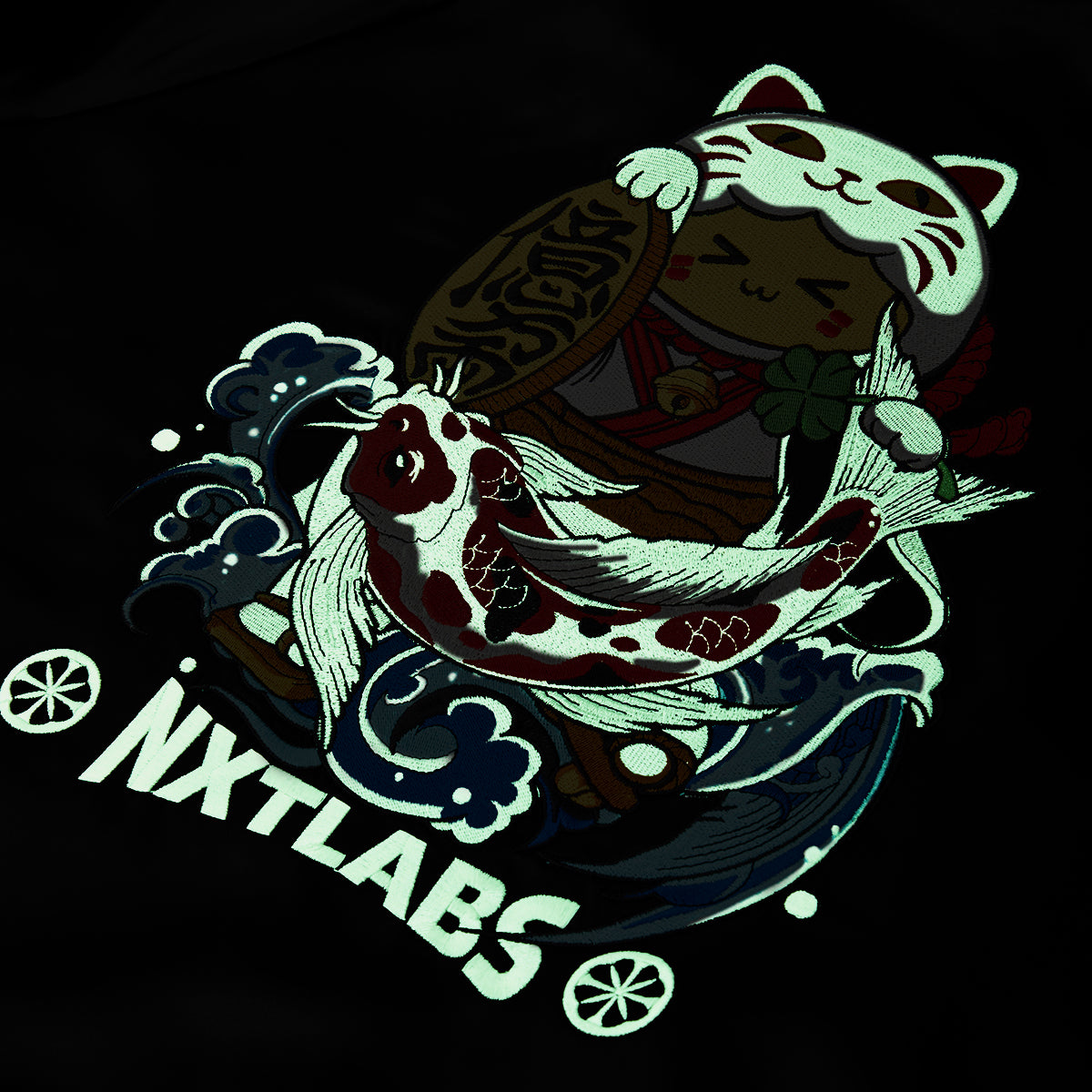 Glowing design with a cat and fish, featuring the brand 'Nxtlabs', on a dark background.