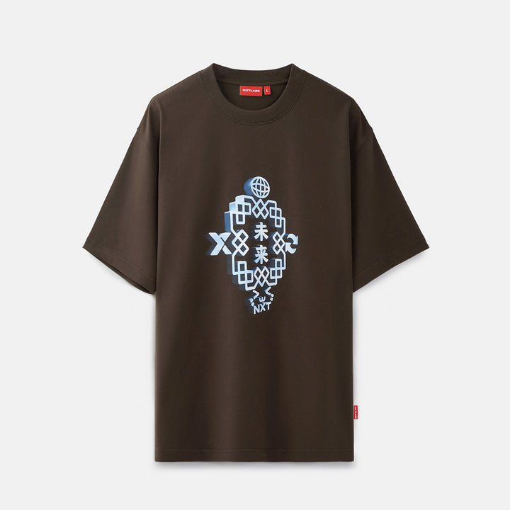 A dark brown short-sleeve t-shirt with a central graphic of a light blue and white geometric heart containing Japanese characters, displayed on a light gray background.