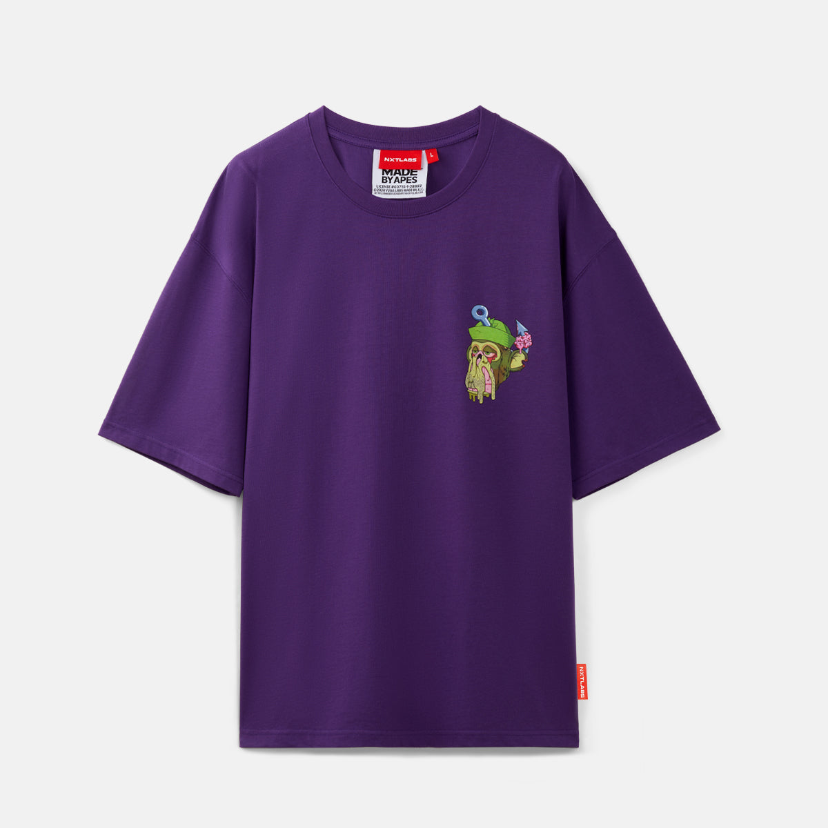 Purple t-shirt with a small embroidered design on a light gray background