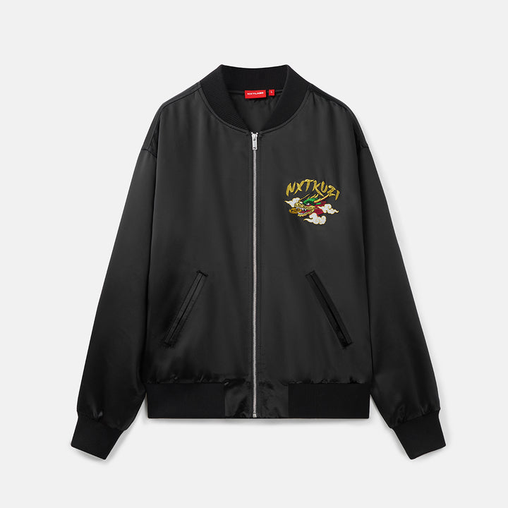 Black bomber jacket with a brand logo on a light gray background
