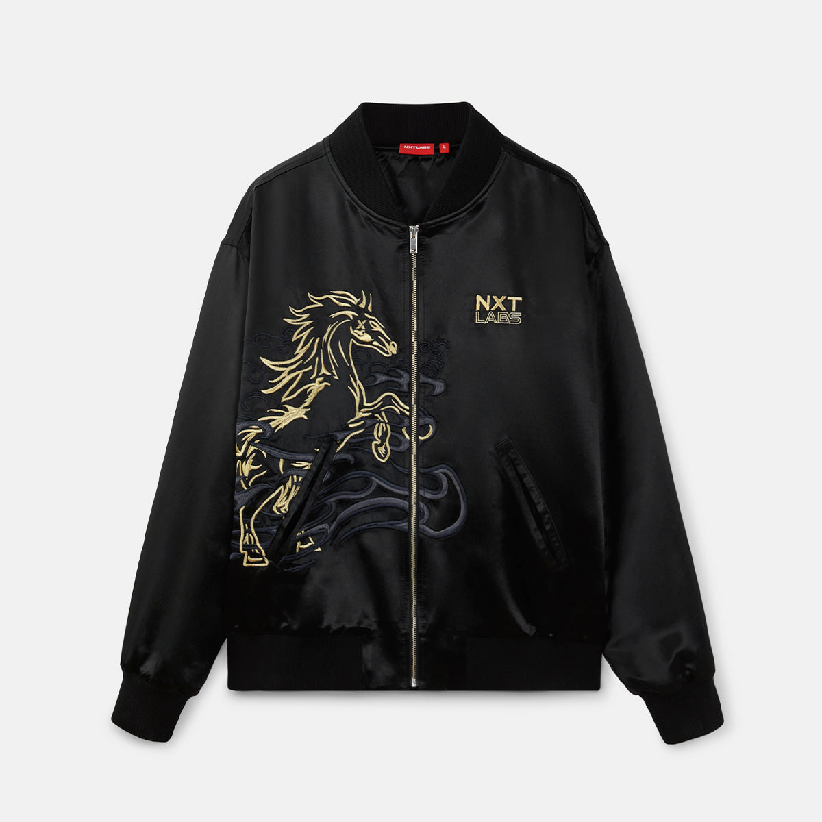 Black jacket with gold horse design and 'NXT LEVELS' text on a light gray background