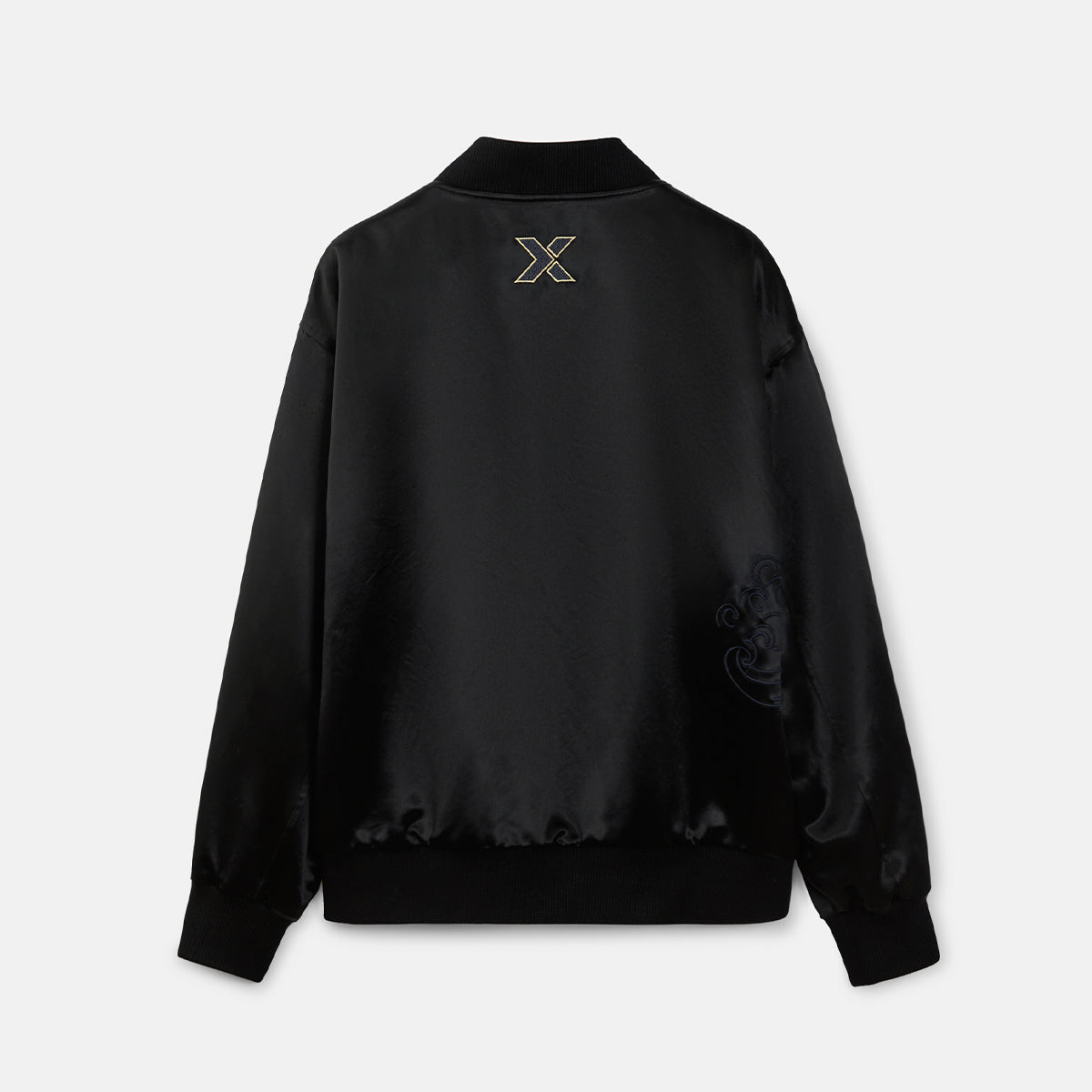 Black jacket with a logo on the back against a white background