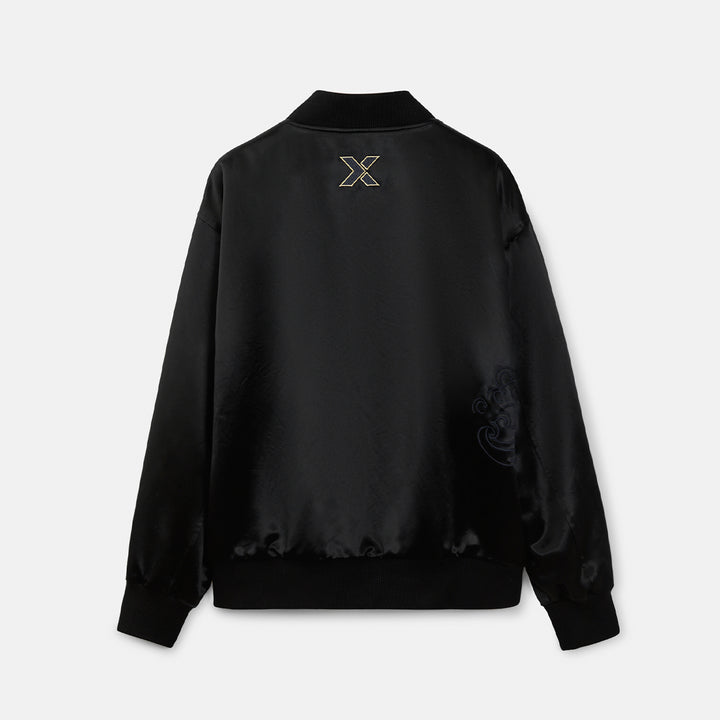 Black jacket with a logo on the back against a white background