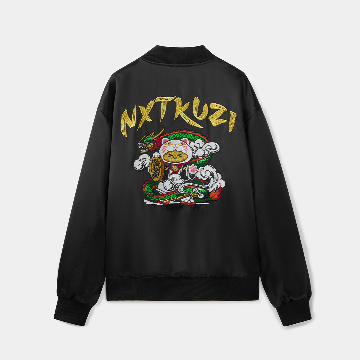 Black jacket with colorful graphics and 'NXTKUZI' branding on a light gray background