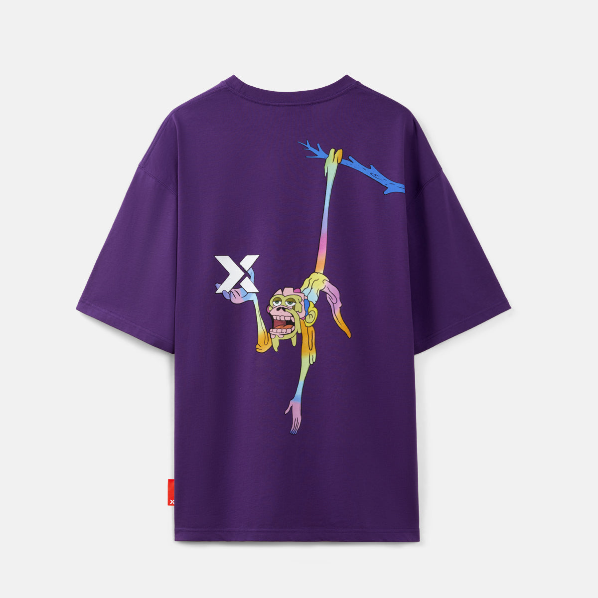Purple t-shirt with colorful graphic design on a light gray background