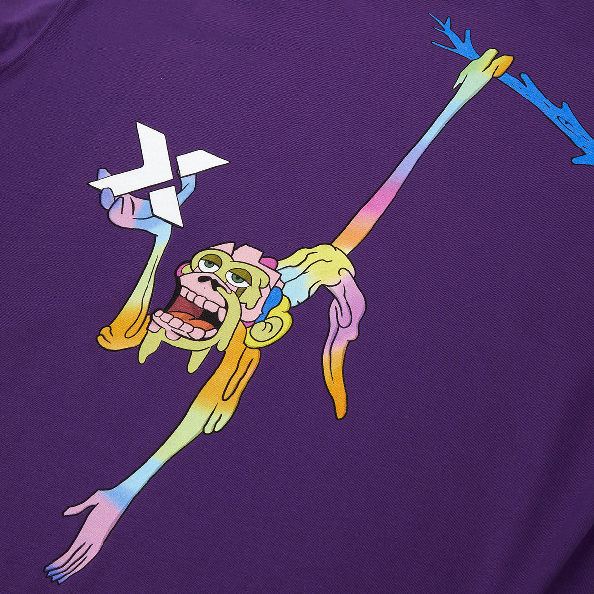 Colorful cartoon character holding a plane on a purple background